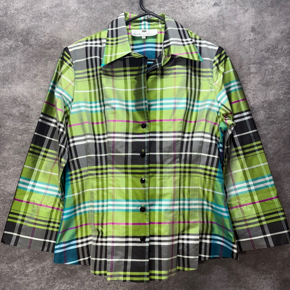 Marisa Baratelli 100% Raw Thai Silk Plaid Button Up Shirt Womens 12 Green Blue